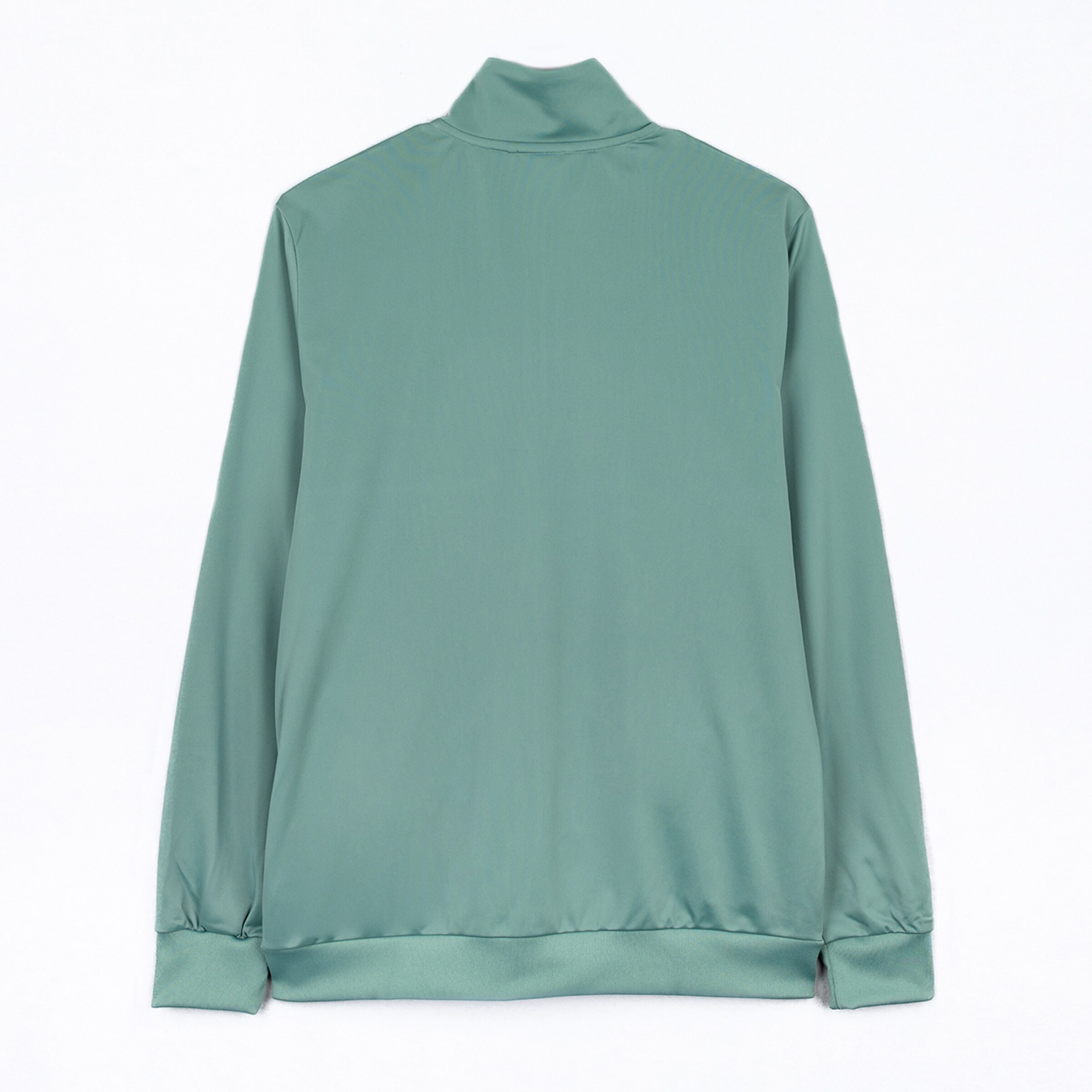 Green training jacket with a high collar and long sleeves viewed from the back.