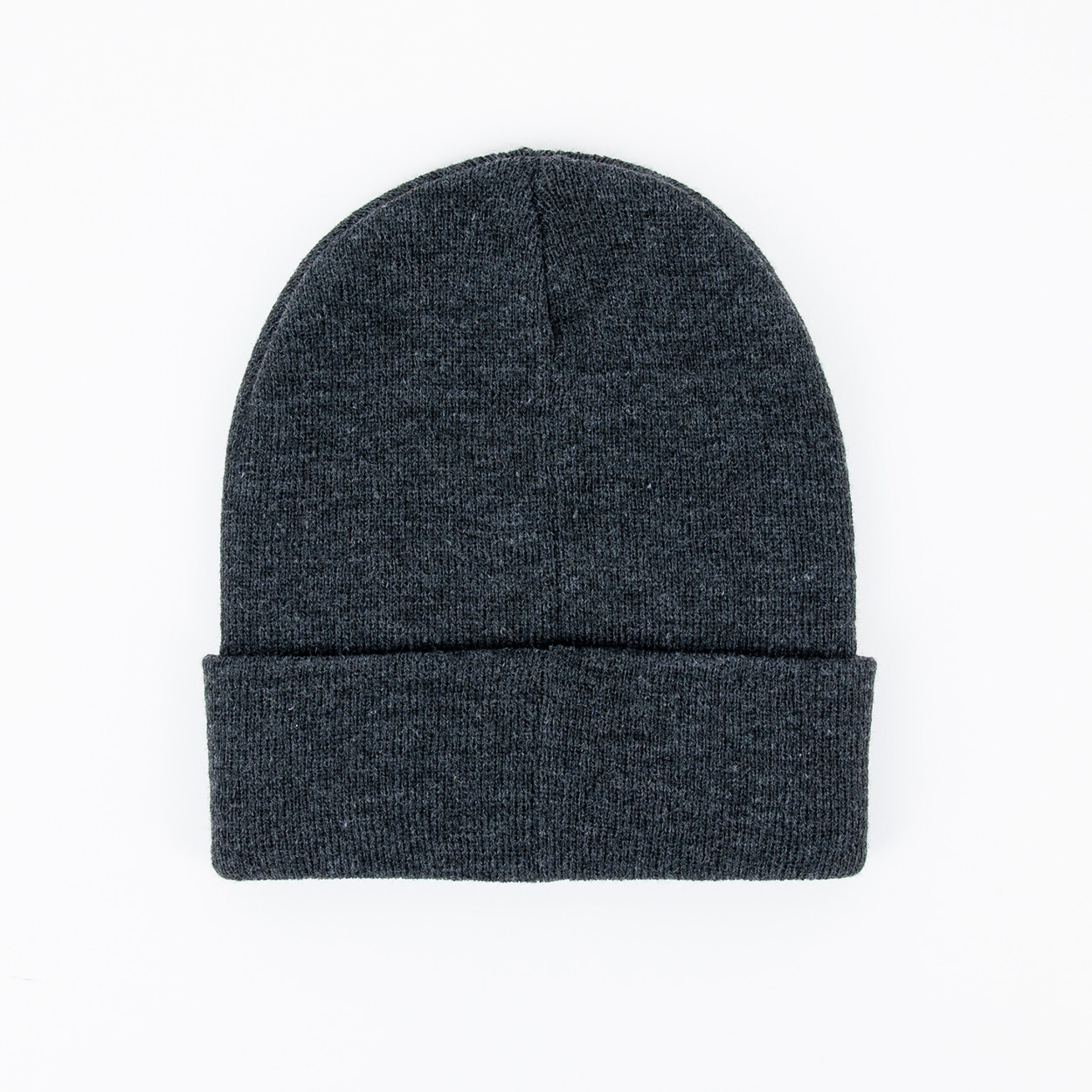 Dark gray knit beanie with a folded cuff.