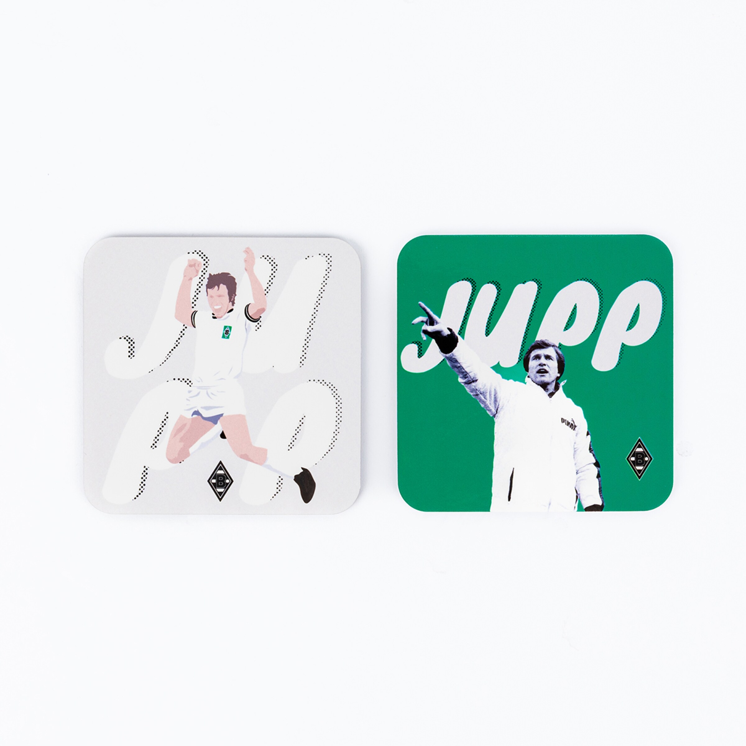 Coaster set featuring two illustrations: player Jupp Heynckes in a celebration pose and coach Jupp Heynckes with an outstretched arm.
