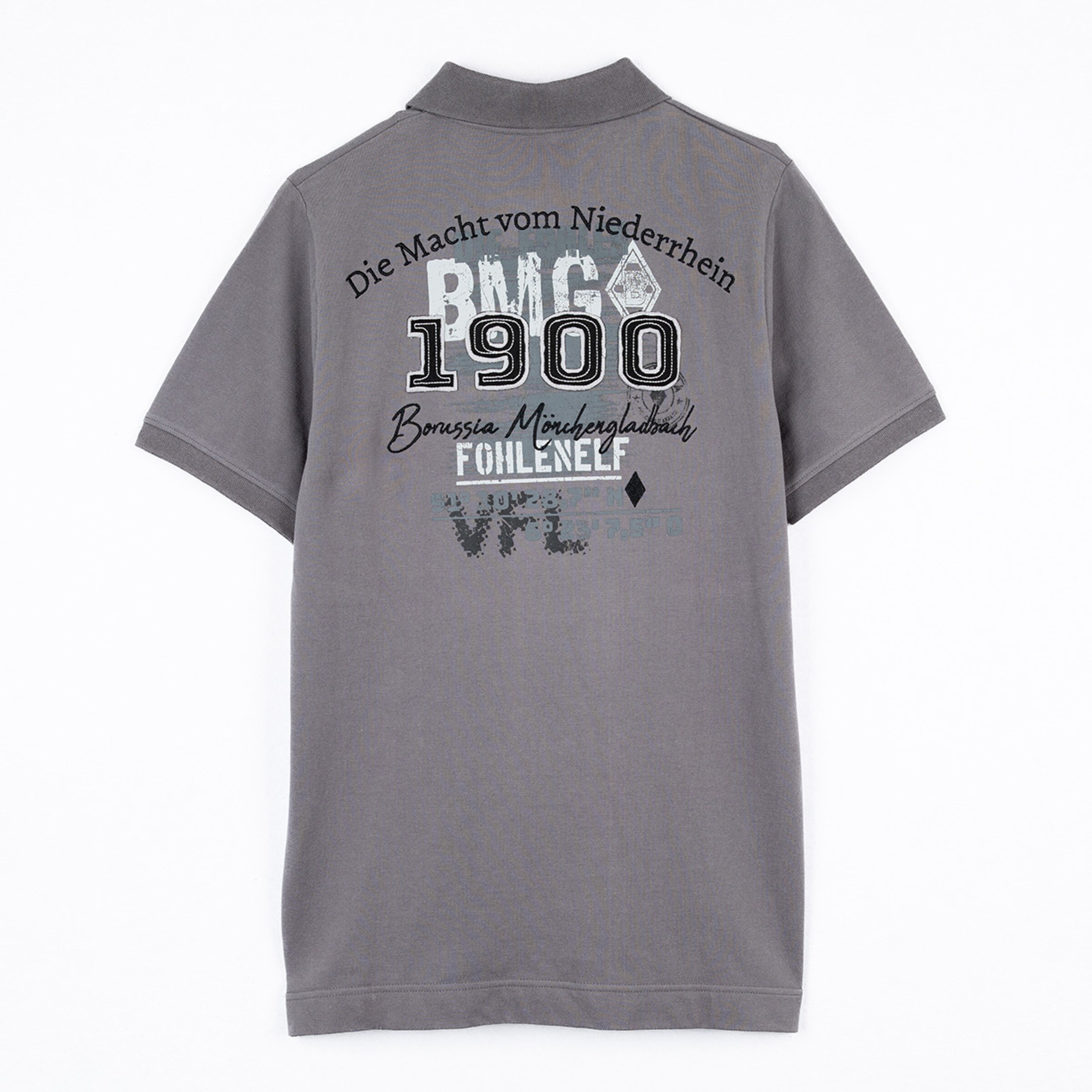Graues Poloshirt mit Schriftzug Die Macht vom Niederrhein Borussia Mönchengladbach und VfL 1900.