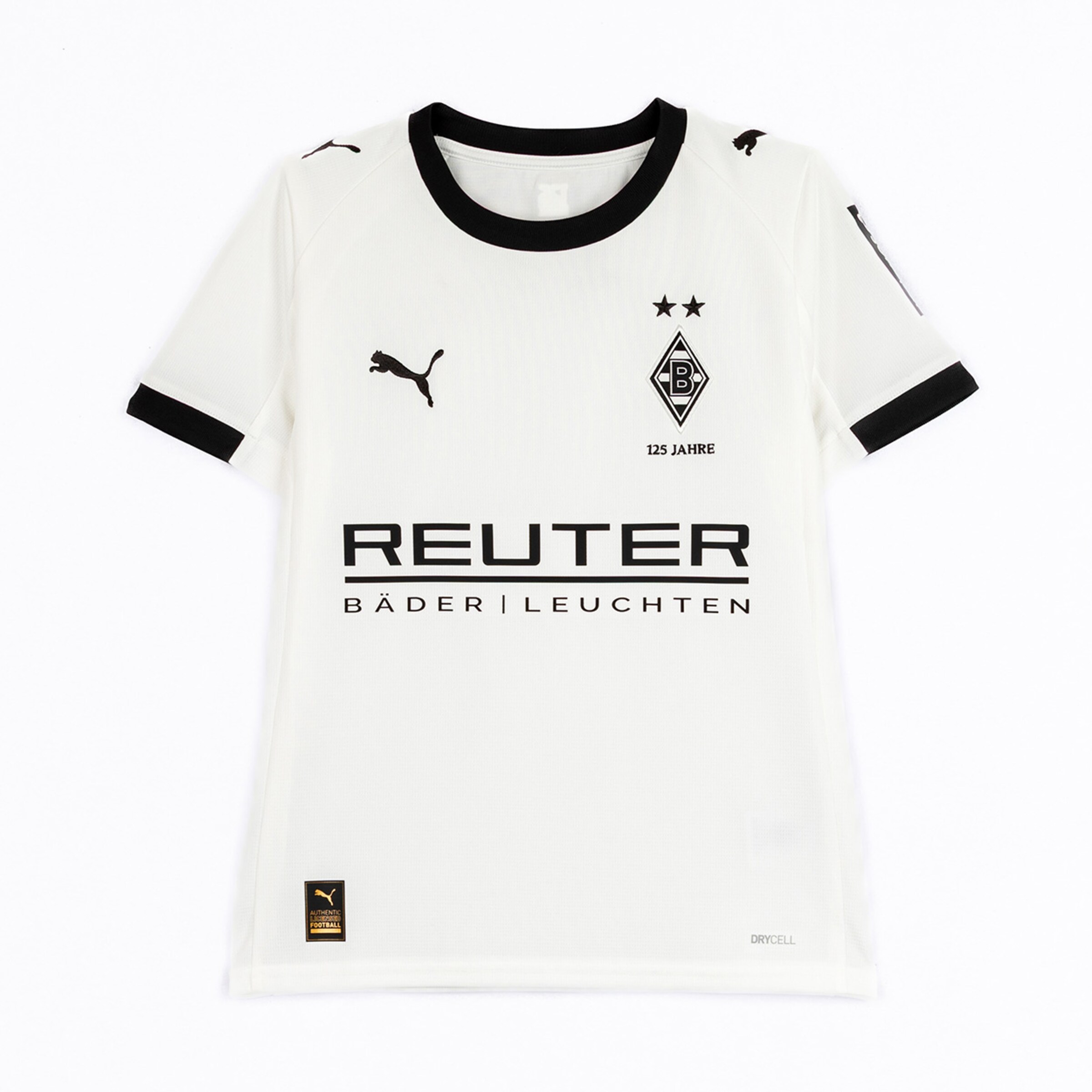 Weißes Fußballtrikot von Borussia Mönchengladbach mit schwarzem Kragen und Sponsorennamen.