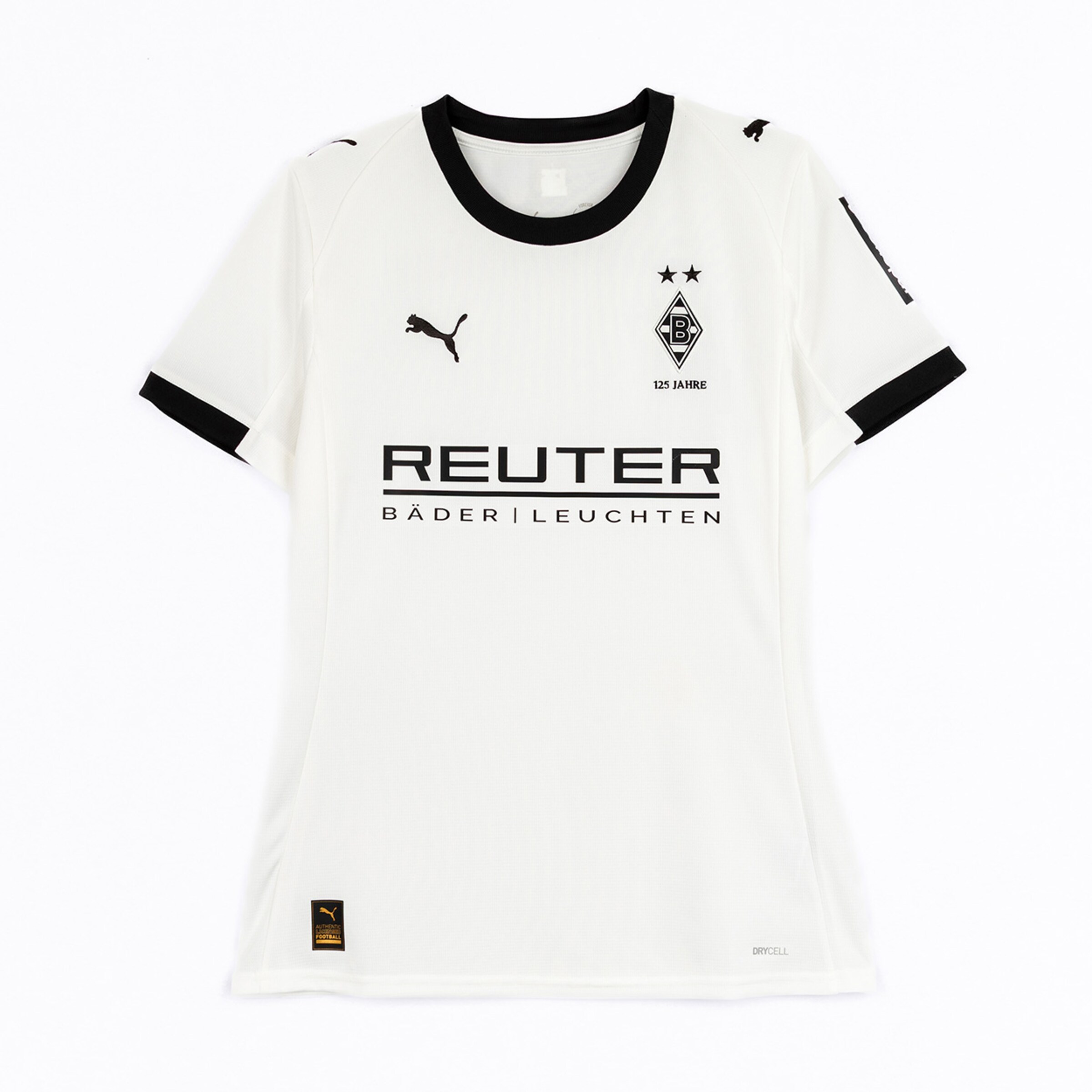 Weißes Trikot von Borussia Mönchengladbach mit schwarzem Kragen emblazoned mit REUTER BÄDER | LEUCHTEN und Puma-Logo.