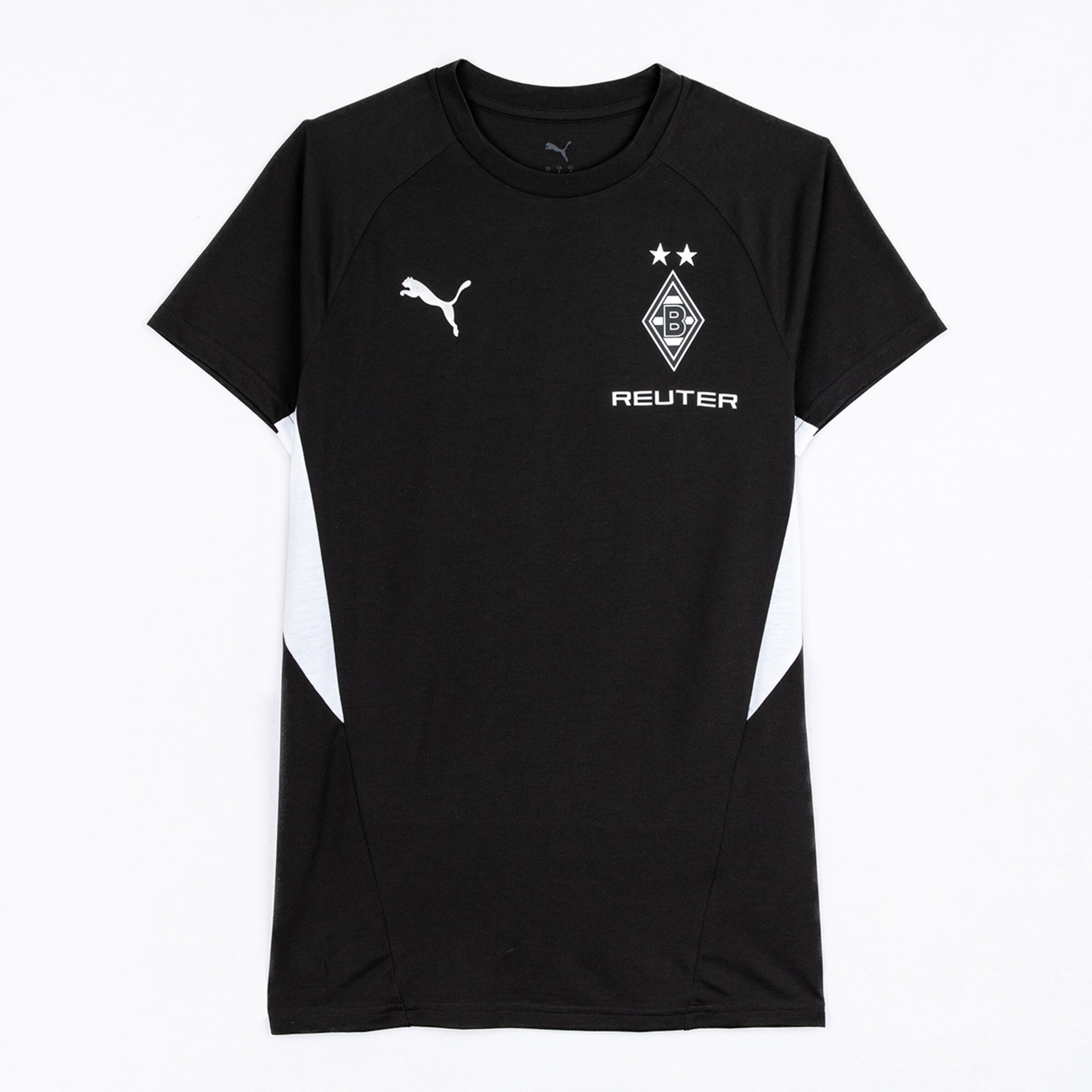 Schwarzes Trikot von Borussia Mönchengladbach mit zwei Sternen und Sponsorenlogo REUTER auf der linken Seite.