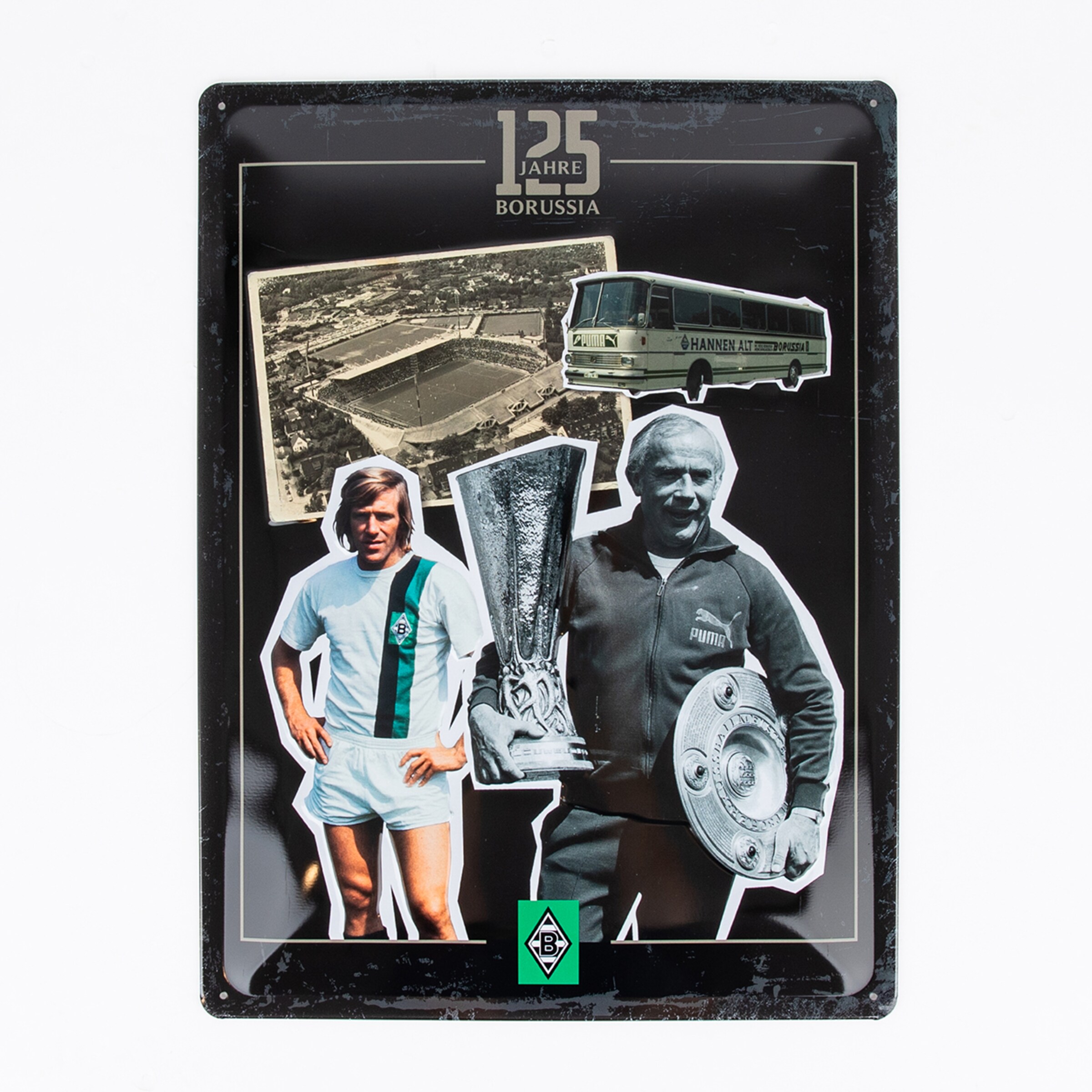 Tafel „125 Jahre Borussia“ mit Collage aus Bökelberg-Stadion, Mannschaftsbus, Günter Netzer und Hennes Weisweiler mit Meisterschale und UEFA-Cup.