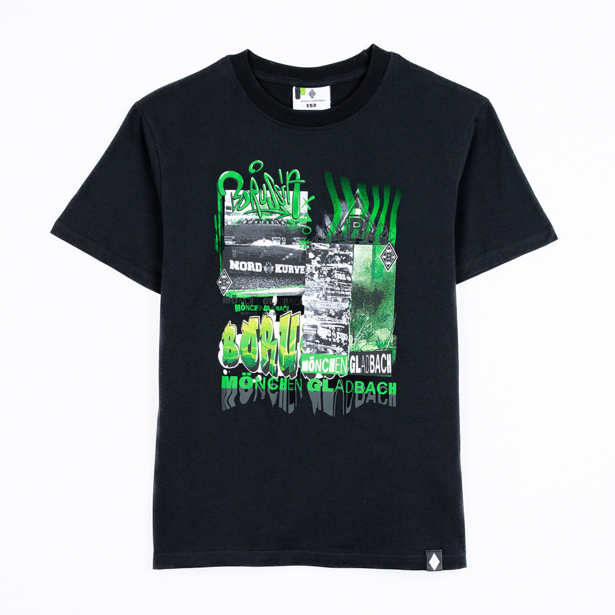 Schwarzes T-Shirt mit grünem grafischen Druck und dem Text Borussia Mönchengladbach darauf.