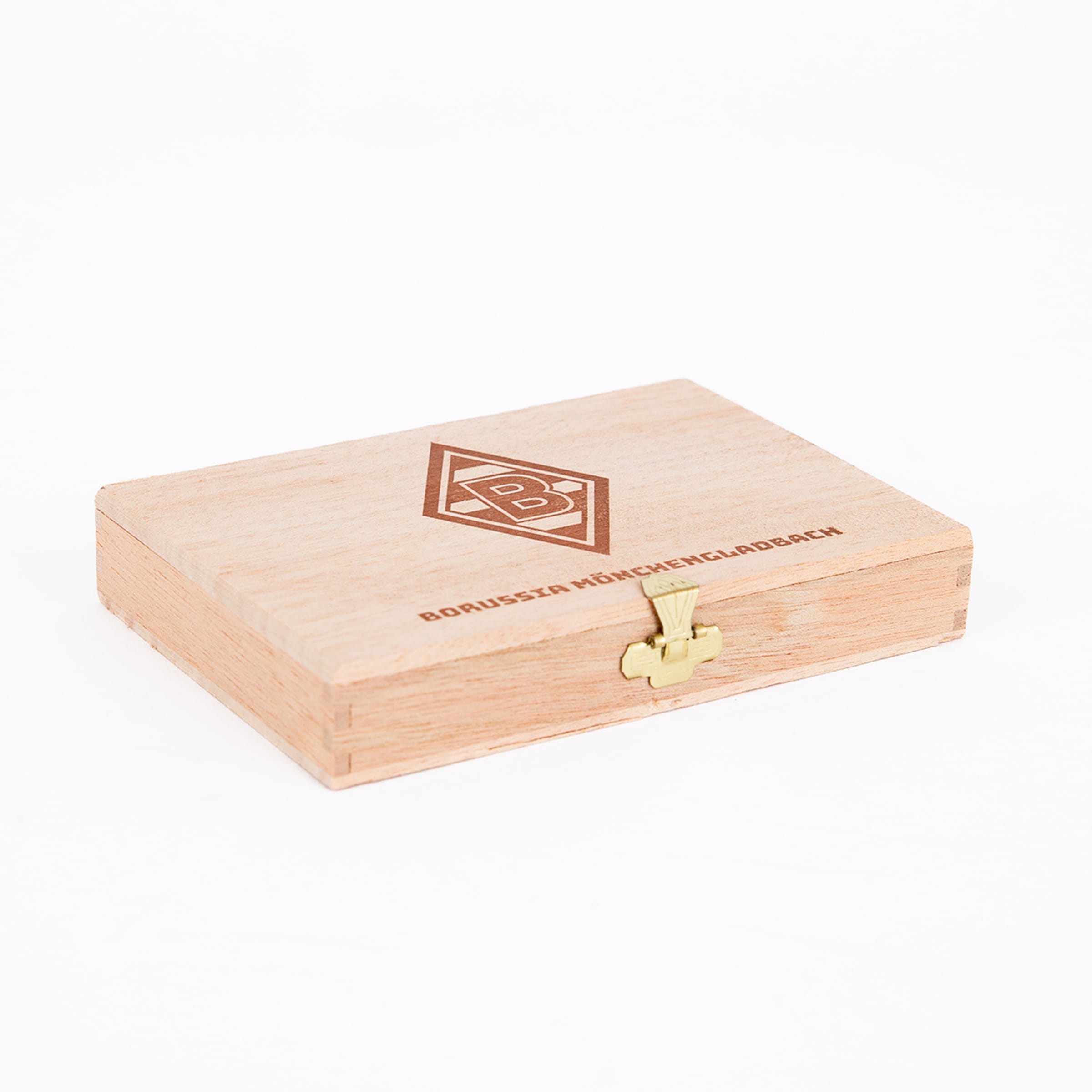Wooden box featuring the Borussia Mönchengladbach logo embellished with a golden closure mechanism.