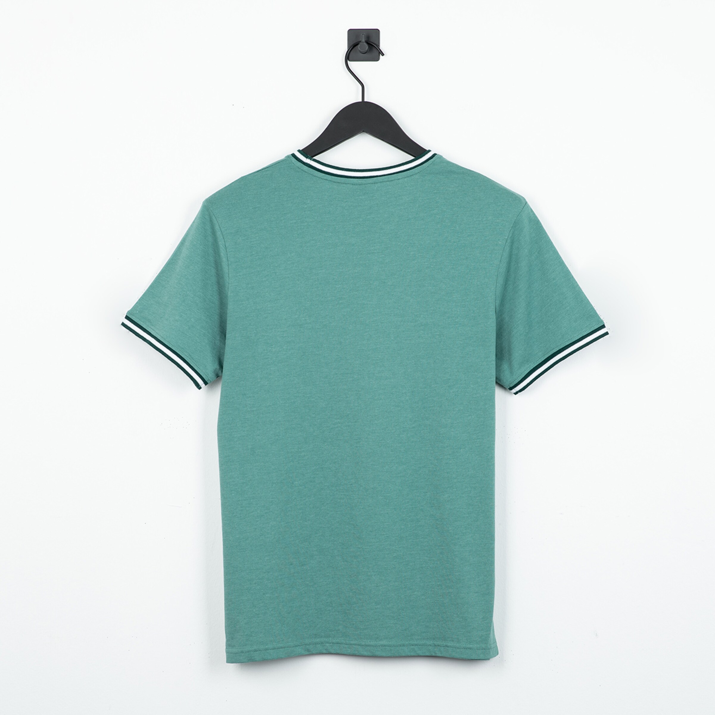 Back view of a green T-shirt on a black hanger.