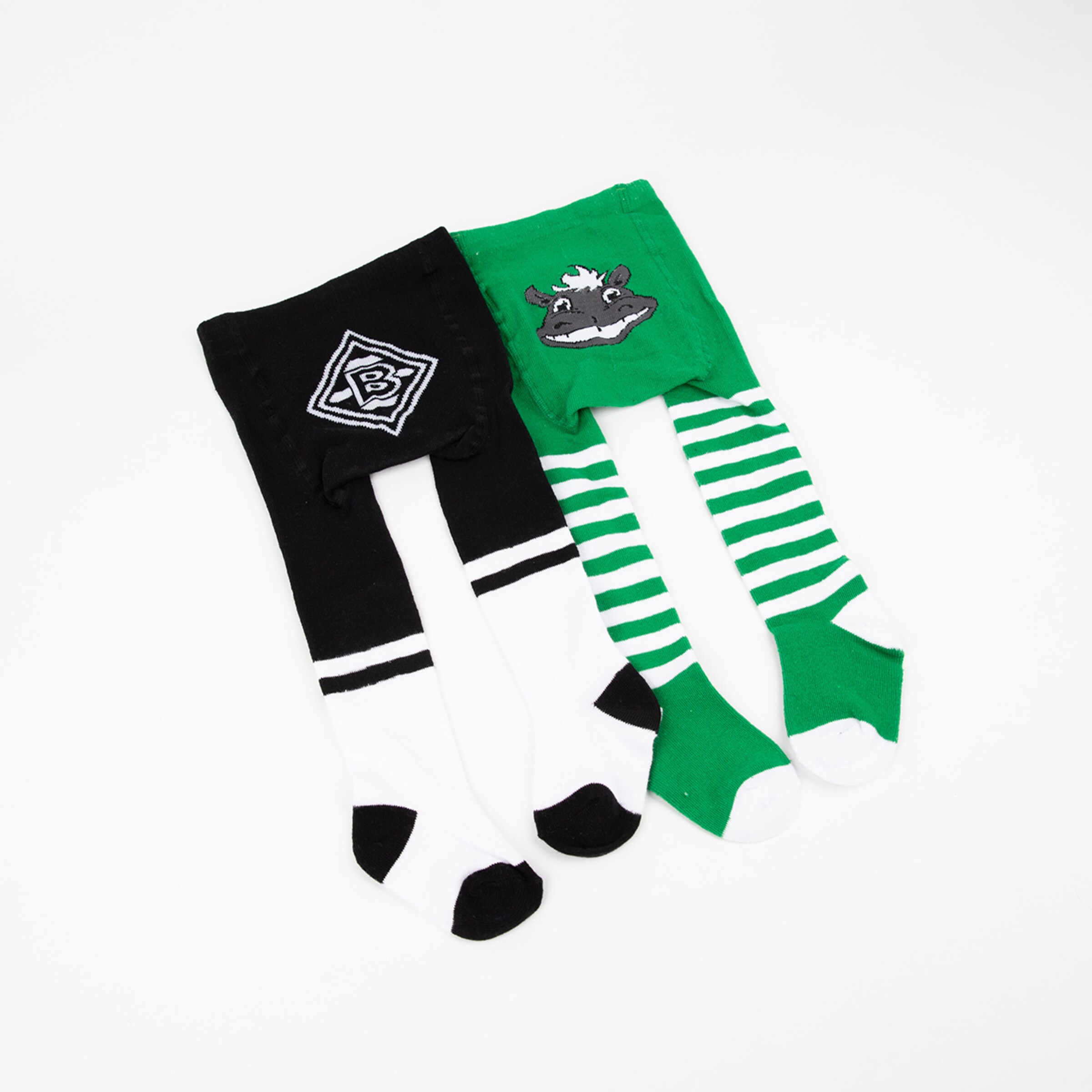 Three pairs of socks in black-white and green-striped designs featuring the Borussia Mönchengladbach logo and Jünter motif.