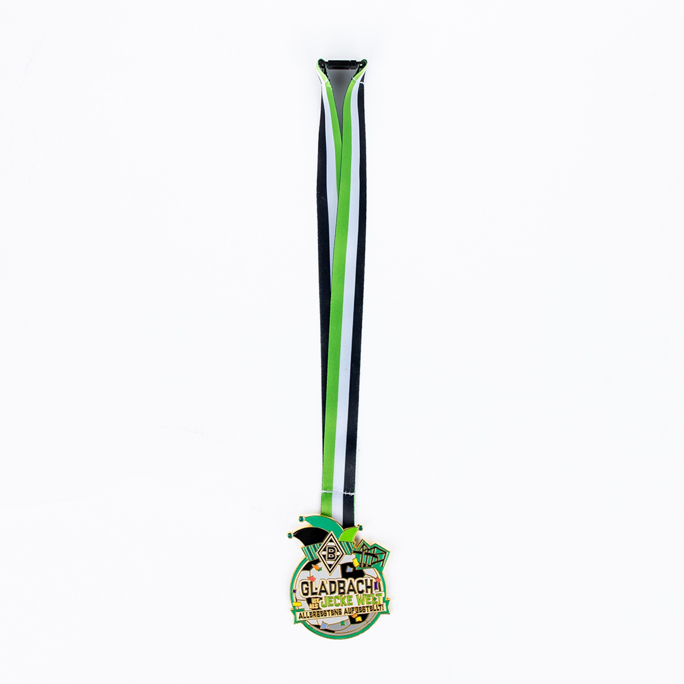 Borussia Mönchengladbach carnival medal on a green, white, and black striped ribbon with the text "GLADBACH IST JECKE WELT".
