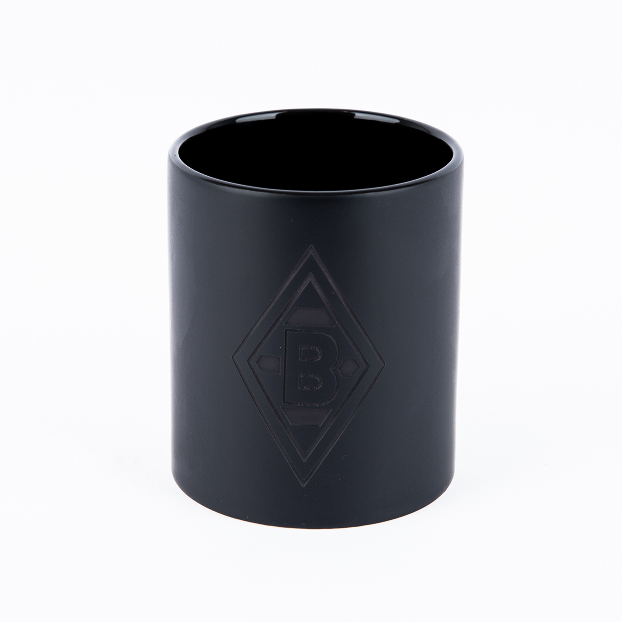 Black ceramic mug with embossed Borussia Mönchengladbach logo.