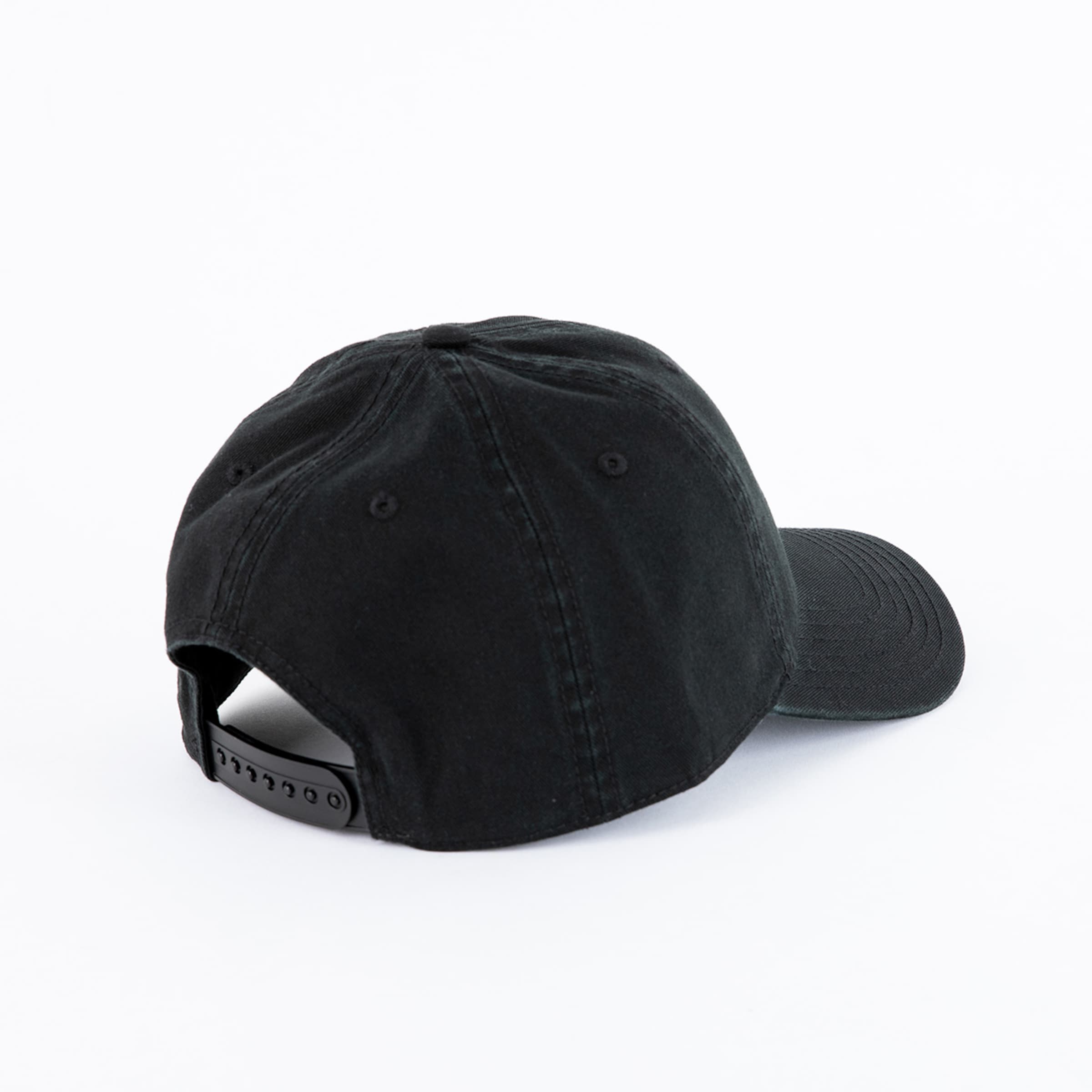 Back view of a black baseball cap with a snapback closure and curved brim on a white background.