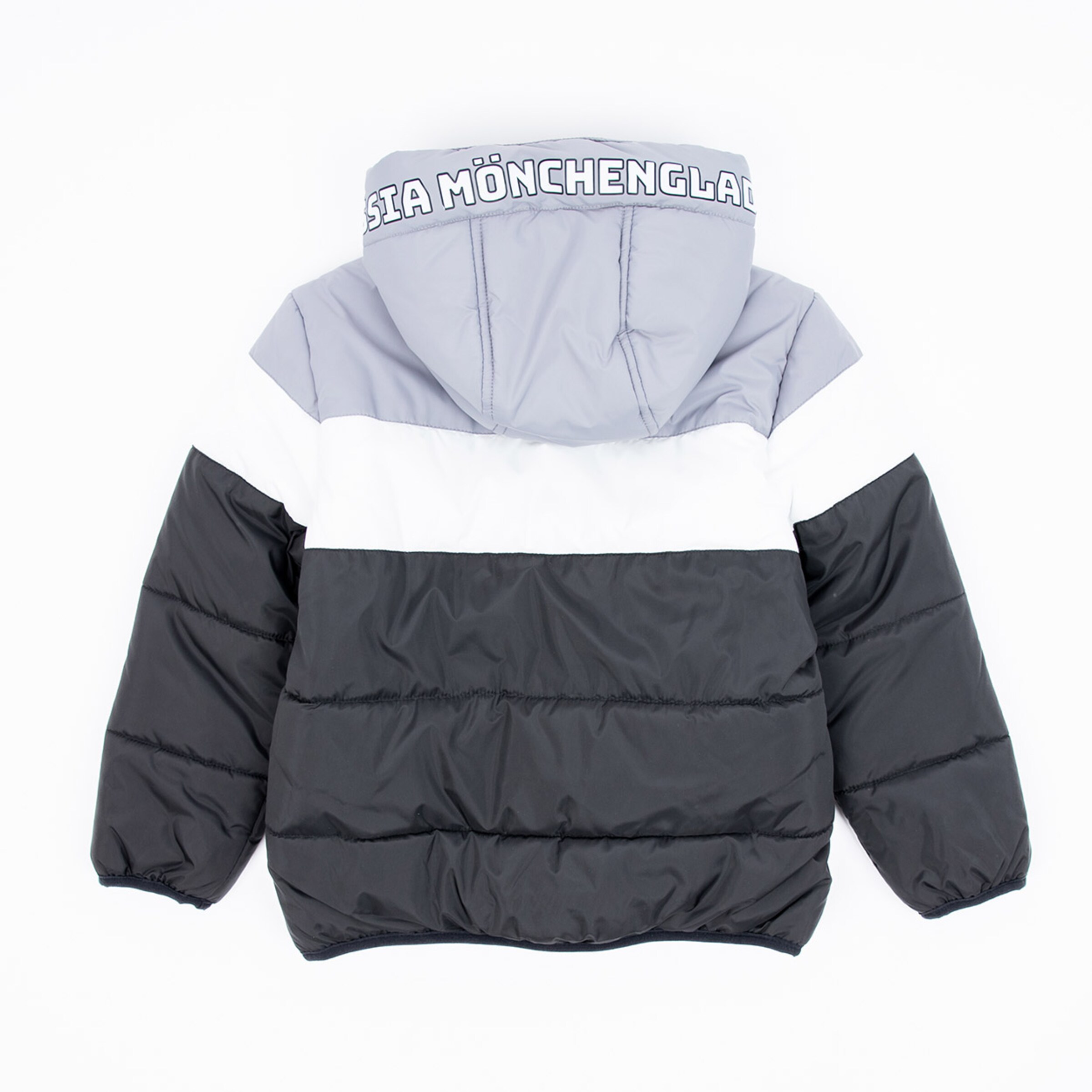Padded jacket in black white and gray with a hood and Borussia Mönchengladbach lettering.