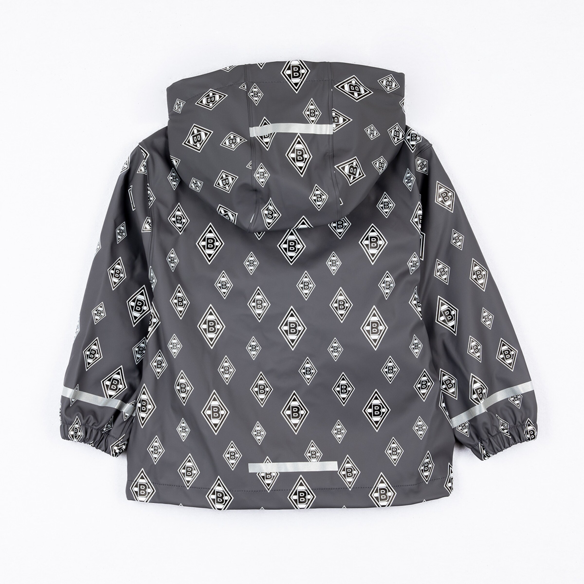 Grau Regenjacke mit schwarzem Muster und Kapuze.