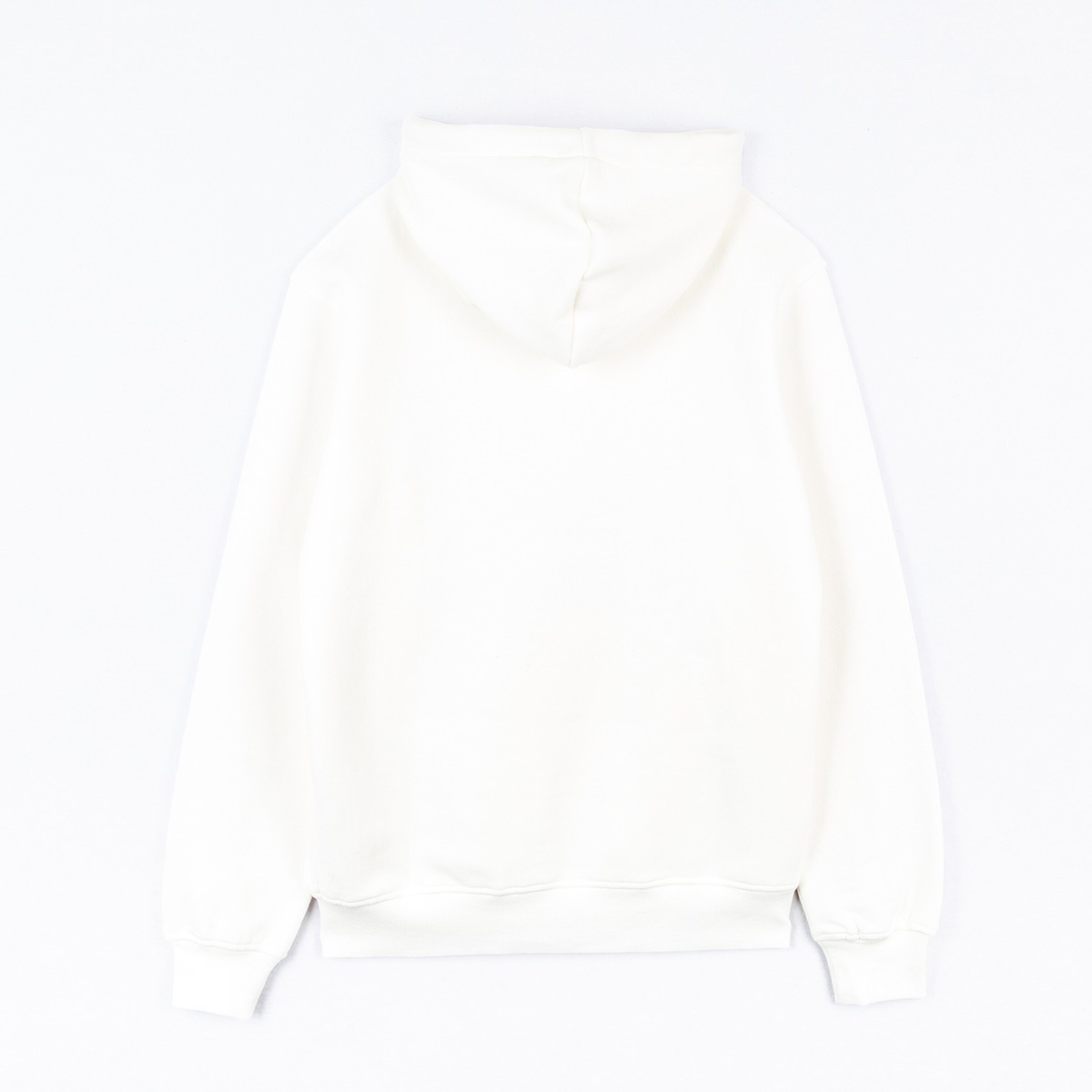 Rückansicht eines weißen Kapuzenpullovers ohne Druck.
