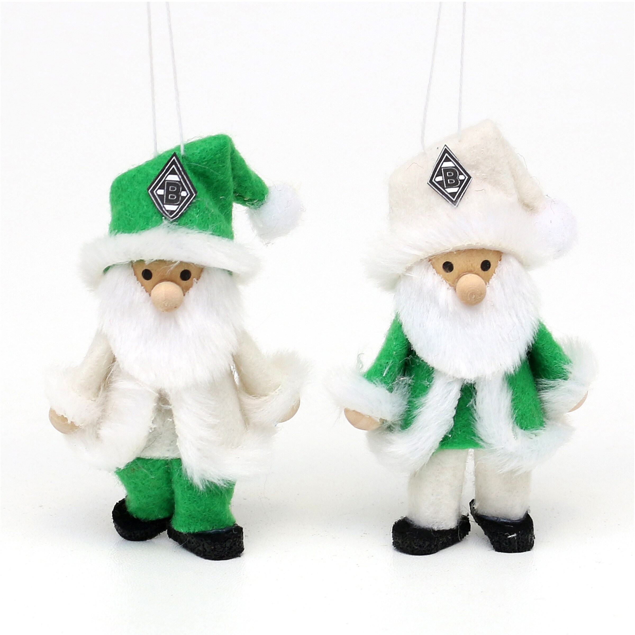 Two Christmas elf figures styled in Borussia Mönchengladbach colors wearing hats and beards.